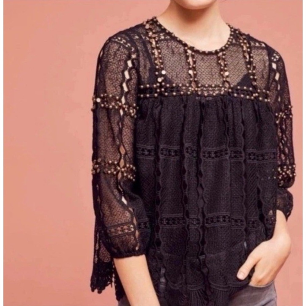Anthropologie Maeve Women's XS Black Lace Top Antique Gold Studded Boho